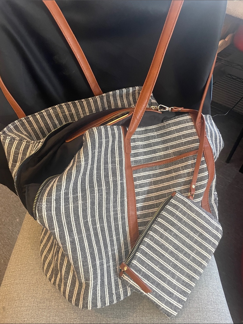 Madison West Navy & Brown Striped Canvas Tote with Leather Trim 21”x12”x7” wide